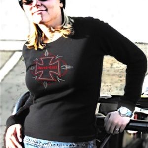 Women’s L/S Black T 100% Cotton Pinstripe logo NEW